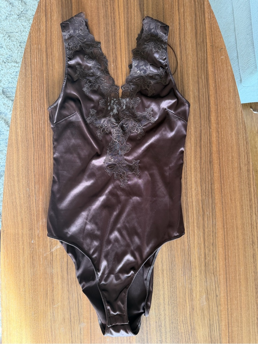 Zara Chocolate Brown Satin Lace-Trim V-Neck Bodysuit